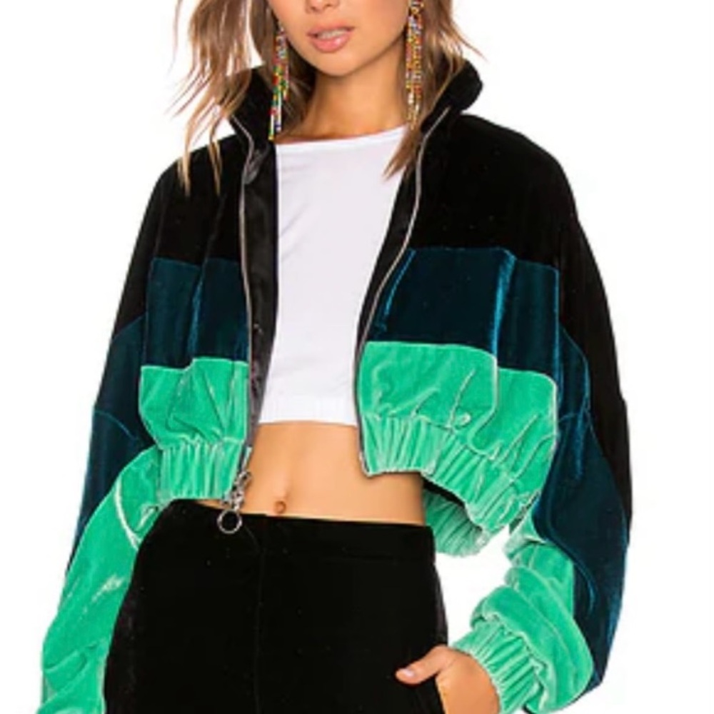 Frankie B. Revolve. Vibrant Green and Black Bomber Jacket